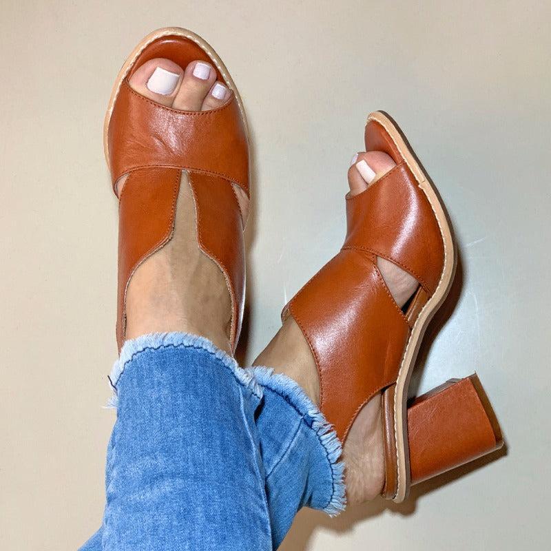 Dames Sandalen met Blokhak Open Teen Elegant Comfortabel Leer Bordeauxrood Zomerschoenen | Sansoti