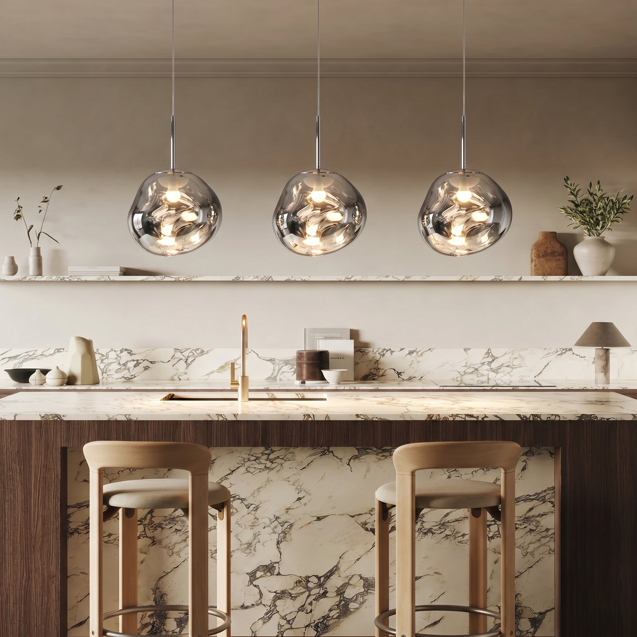 Lampa wisząca z metalu z lustrzanym wykończeniem, LED, ciepła biel 3000K, nowoczesne oświetlenie, do jadalni i salonu, design wnętrz | Sansoti