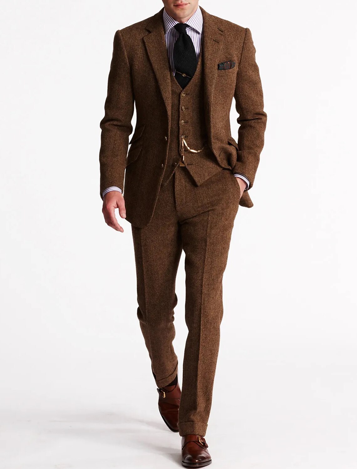 Driedelig Tweed Herenkostuum met Gilet Bruin Groen Blauw Formele Gelegenheden Bruiloft Elegant Klassiek | Sansoti