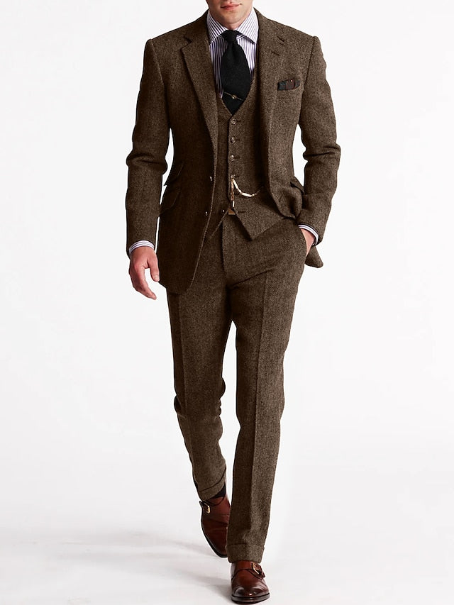 Driedelig Tweed Herenkostuum met Gilet Bruin Groen Blauw Formele Gelegenheden Bruiloft Elegant Klassiek | Sansoti
