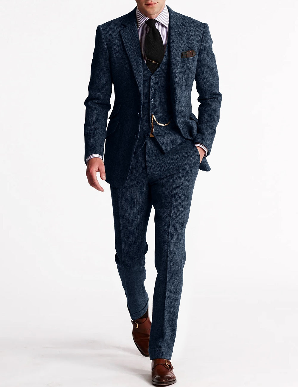 Driedelig Tweed Herenkostuum met Gilet Bruin Groen Blauw Formele Gelegenheden Bruiloft Elegant Klassiek | Sansoti