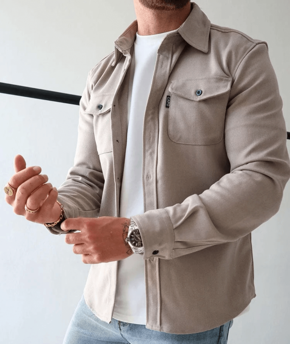 Men's Jacket Overshirt Slim Fit Chest Pockets Beige Blue Gray Black Versatile Casual Elegant Stylish Top | Sansoti