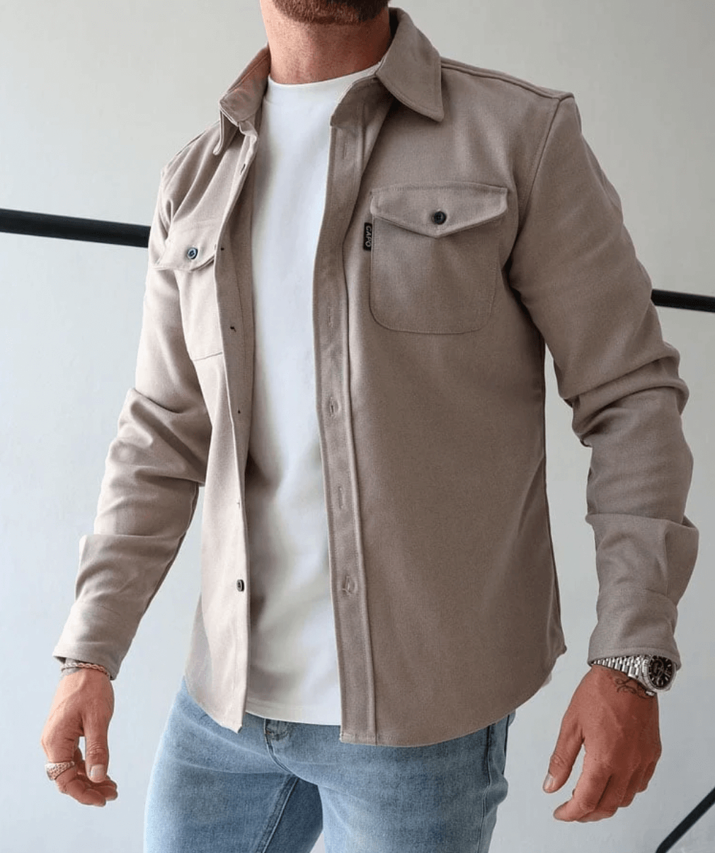 Men's Jacket Overshirt Slim Fit Chest Pockets Beige Blue Gray Black Versatile Casual Elegant Stylish Top | Sansoti