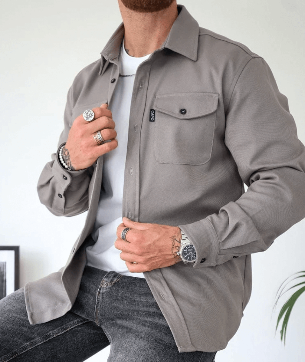 Men's Jacket Overshirt Slim Fit Chest Pockets Beige Blue Gray Black Versatile Casual Elegant Stylish Top | Sansoti