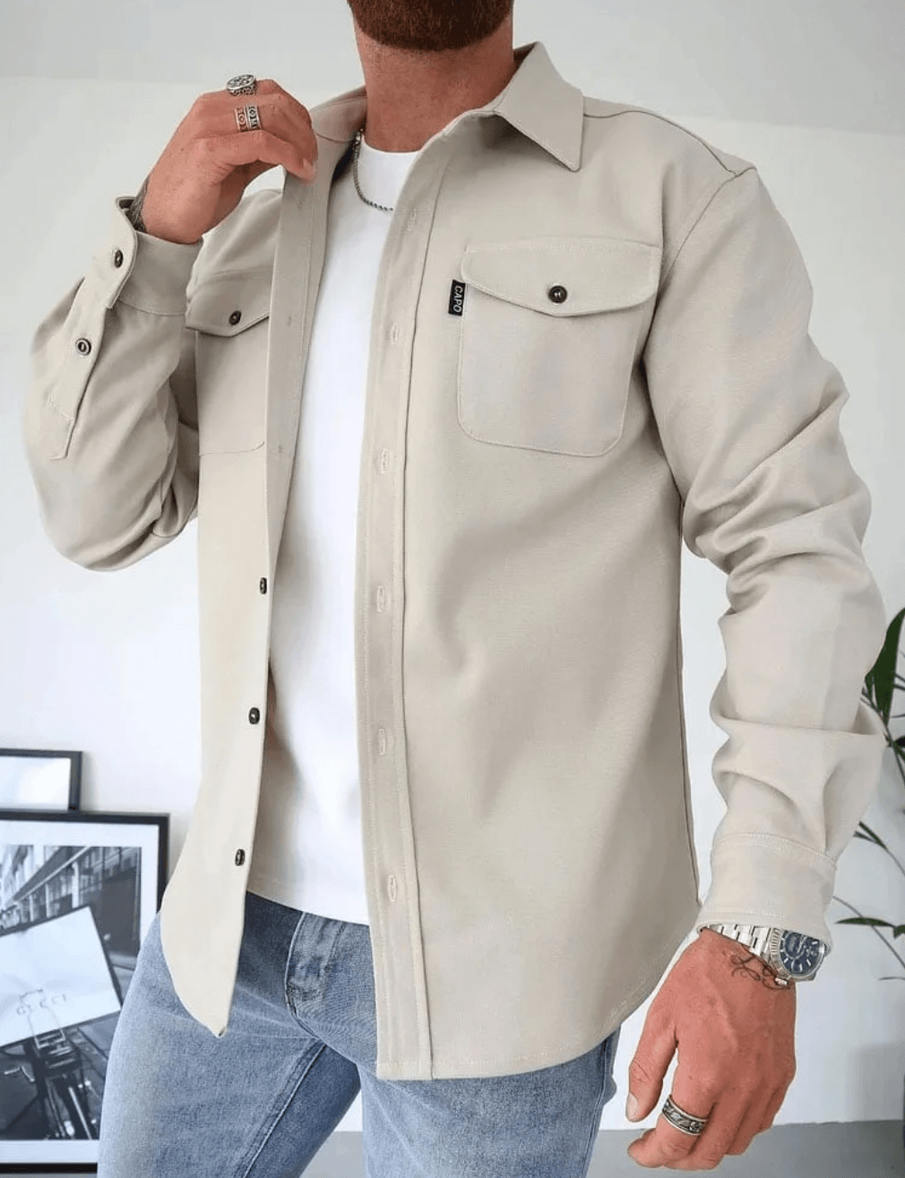 Men's Jacket Overshirt Slim Fit Chest Pockets Beige Blue Gray Black Versatile Casual Elegant Stylish Top | Sansoti