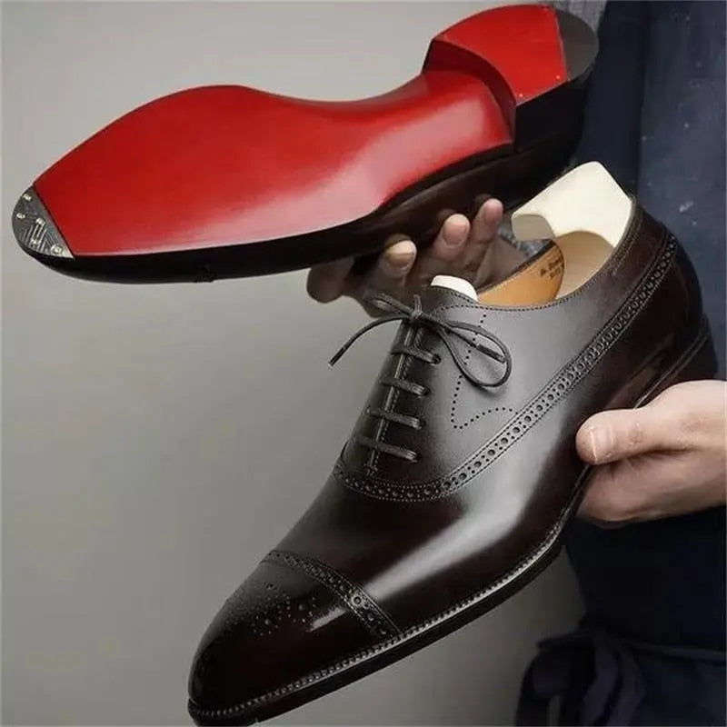 Herren-Oxfordschuhe mit Brogue-Details, Schwarz, Braun, Leder, Business, formell, elegant, klassisch und stilvoll | Sansoti