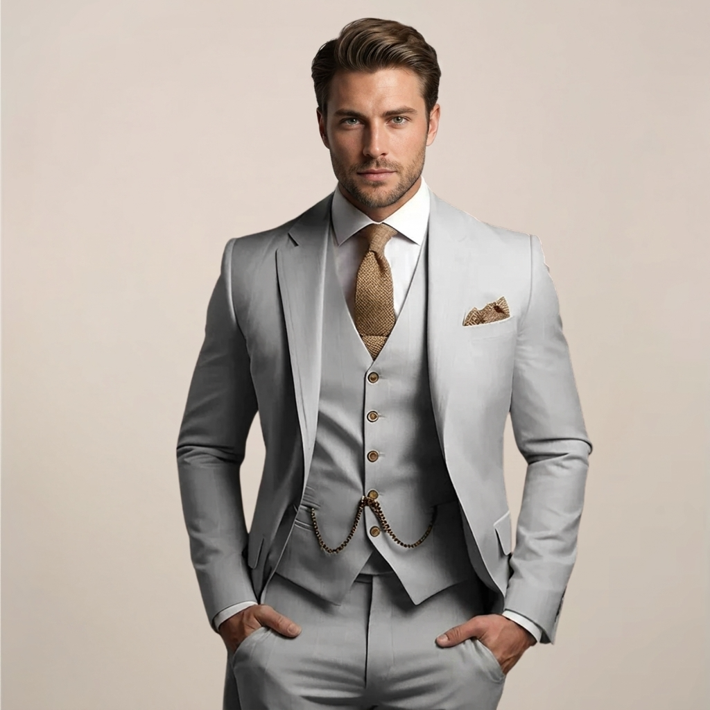 Three-Piece Men's Suit with Blazer Waistcoat and Trousers Beige Grey Purple Black for Formal Occasions Weddings | Sansoti
