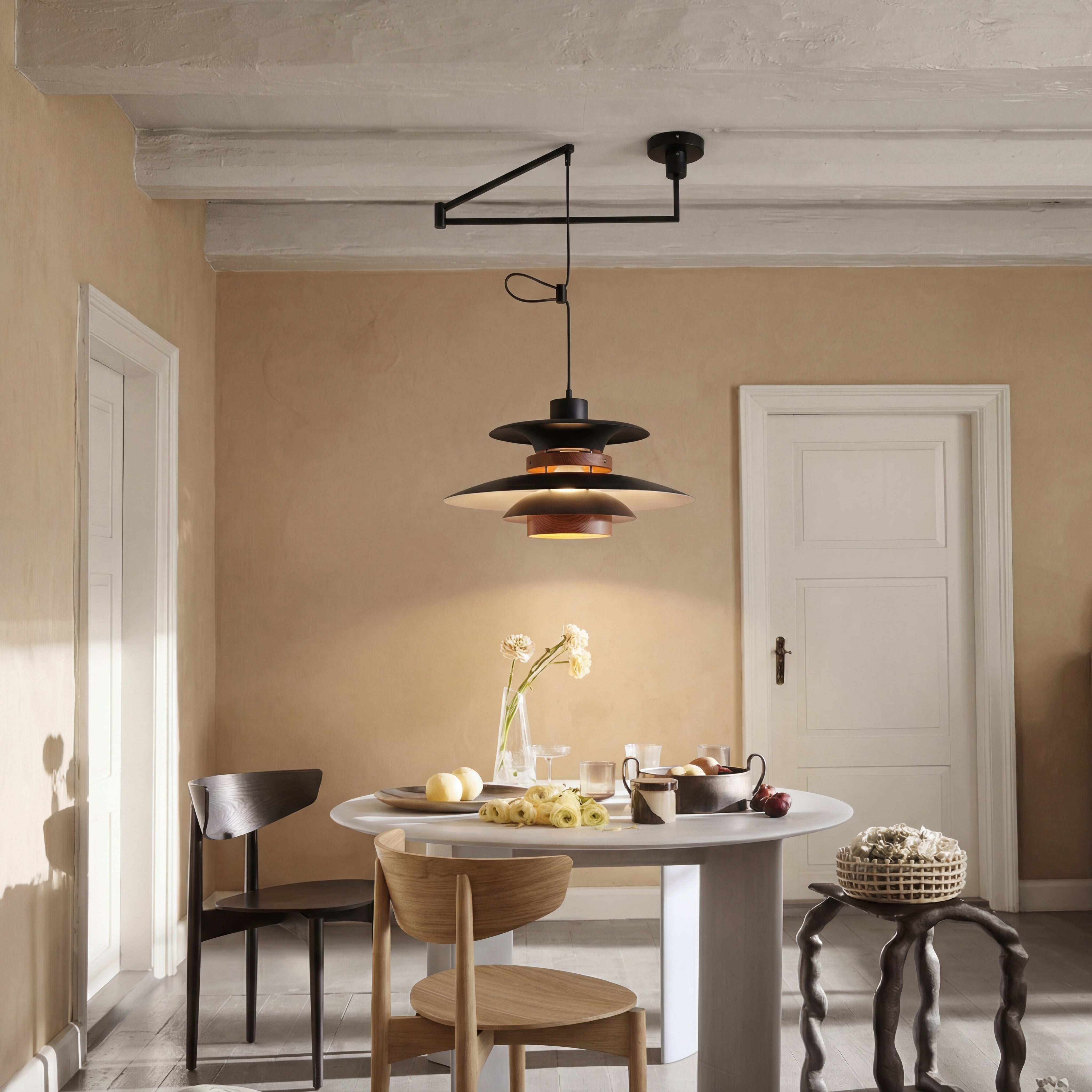Suspension réglable à quatre points lumineux avec accents en bois naturel, métal, E27, bras pivotant, plafonnier | Sansoti