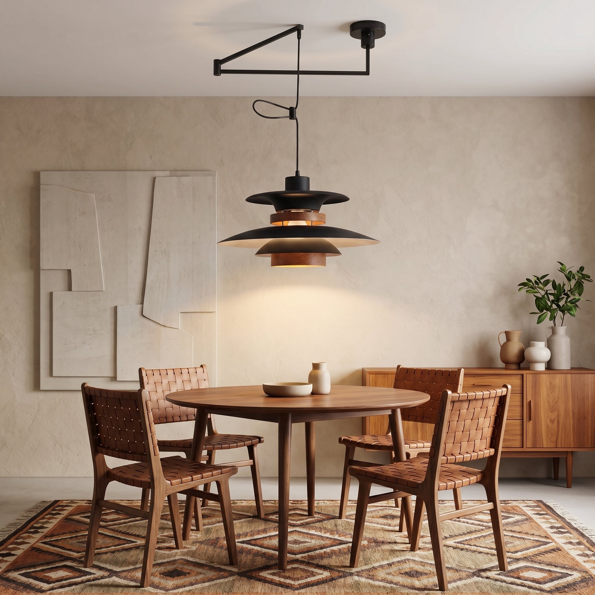 Suspension réglable à quatre points lumineux avec accents en bois naturel, métal, E27, bras pivotant, plafonnier | Sansoti