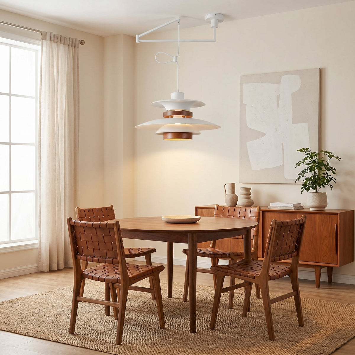 Suspension réglable à quatre points lumineux avec accents en bois naturel, métal, E27, bras pivotant, plafonnier | Sansoti