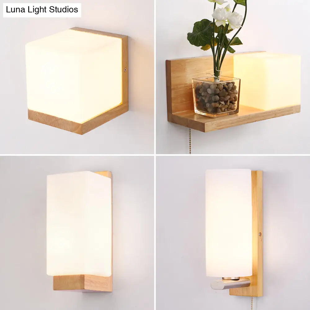 Geometric Wall Lamp Wood Cream Glass Staircase Hallway Modern Minimalist Design E26 E27 Socket Bedroom | Sansoti