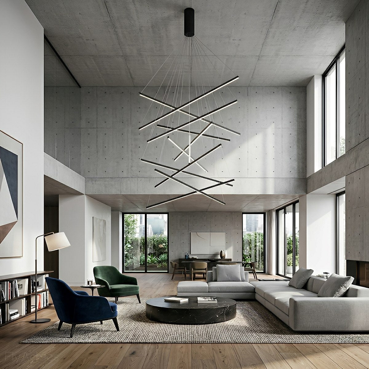 Layered Black LED Pendant Light, Dimmable with Remote Control, Geometric Staircase Design for Living Room | Sansoti
