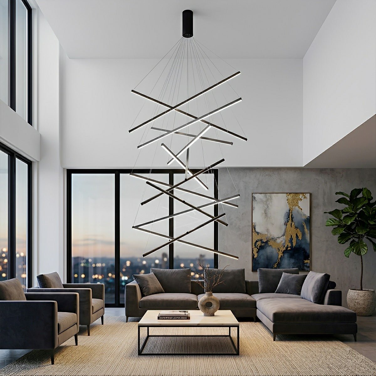 Layered Black LED Pendant Light, Dimmable with Remote Control, Geometric Staircase Design for Living Room | Sansoti