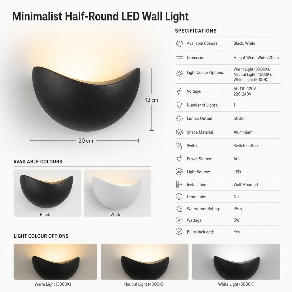 Halbrunde LED-Wandleuchte aus Aluminium, 20 cm, warmweißes bis neutralweißes Licht für Schlafzimmer, Wohnzimmer und Flur, wasserdicht nach IP65 | Sansoti