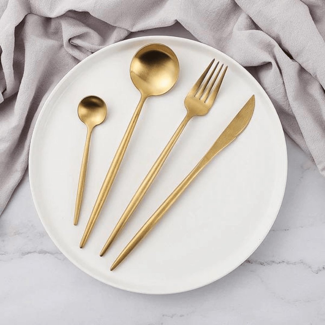 Modern Bestekset 24-Delig Titanium RVS Goud Roségoud Zwart Zwart-Goud Tafelvork Tafelmes Theelepel Eetlepel Glanzende Afwerking | Sansoti
