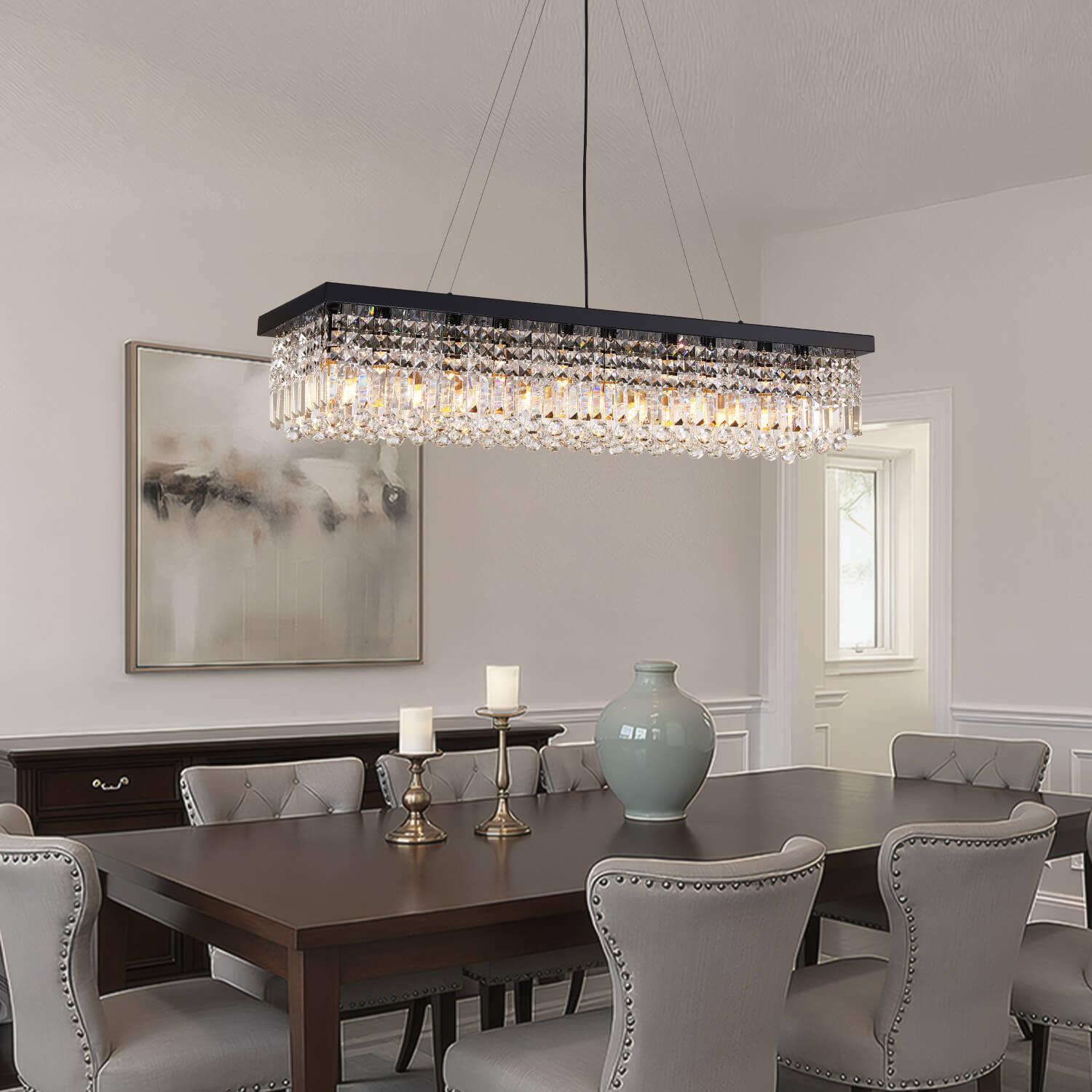 Lustre Rectangulaire en Cristal Goutte de Pluie K9 Noir E12 Salle à Manger Îlot de Cuisine Moderne | Restfield