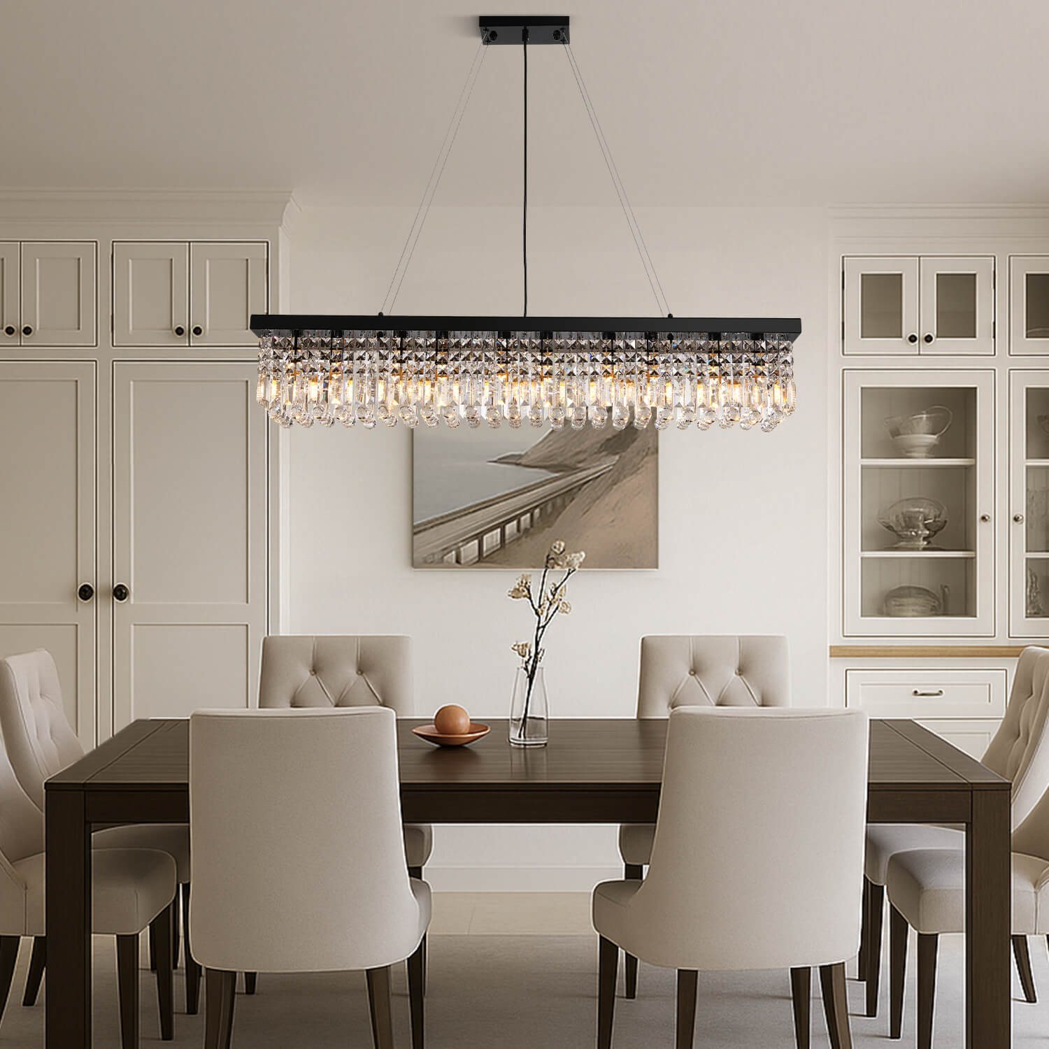 Lustre Rectangulaire en Cristal Goutte de Pluie K9 Noir E12 Salle à Manger Îlot de Cuisine Moderne | Restfield