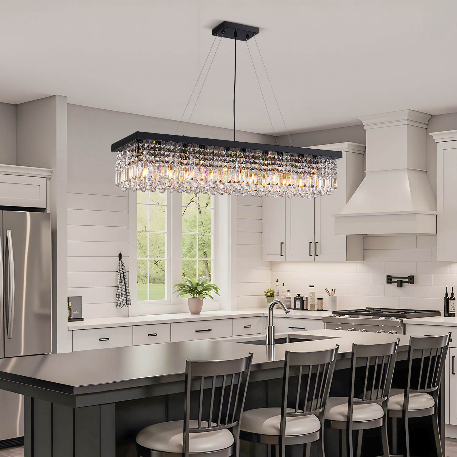Lustre Rectangulaire en Cristal Goutte de Pluie K9 Noir E12 Salle à Manger Îlot de Cuisine Moderne | Restfield