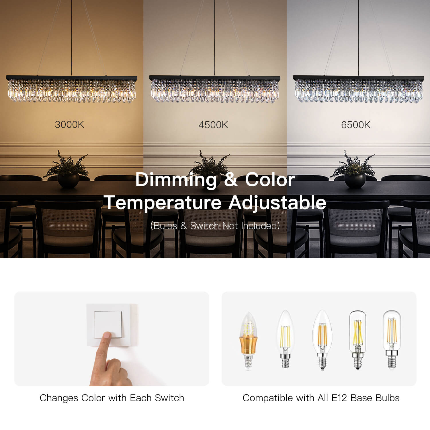 Lustre Rectangulaire en Cristal Goutte de Pluie K9 Noir E12 Salle à Manger Îlot de Cuisine Moderne | Restfield