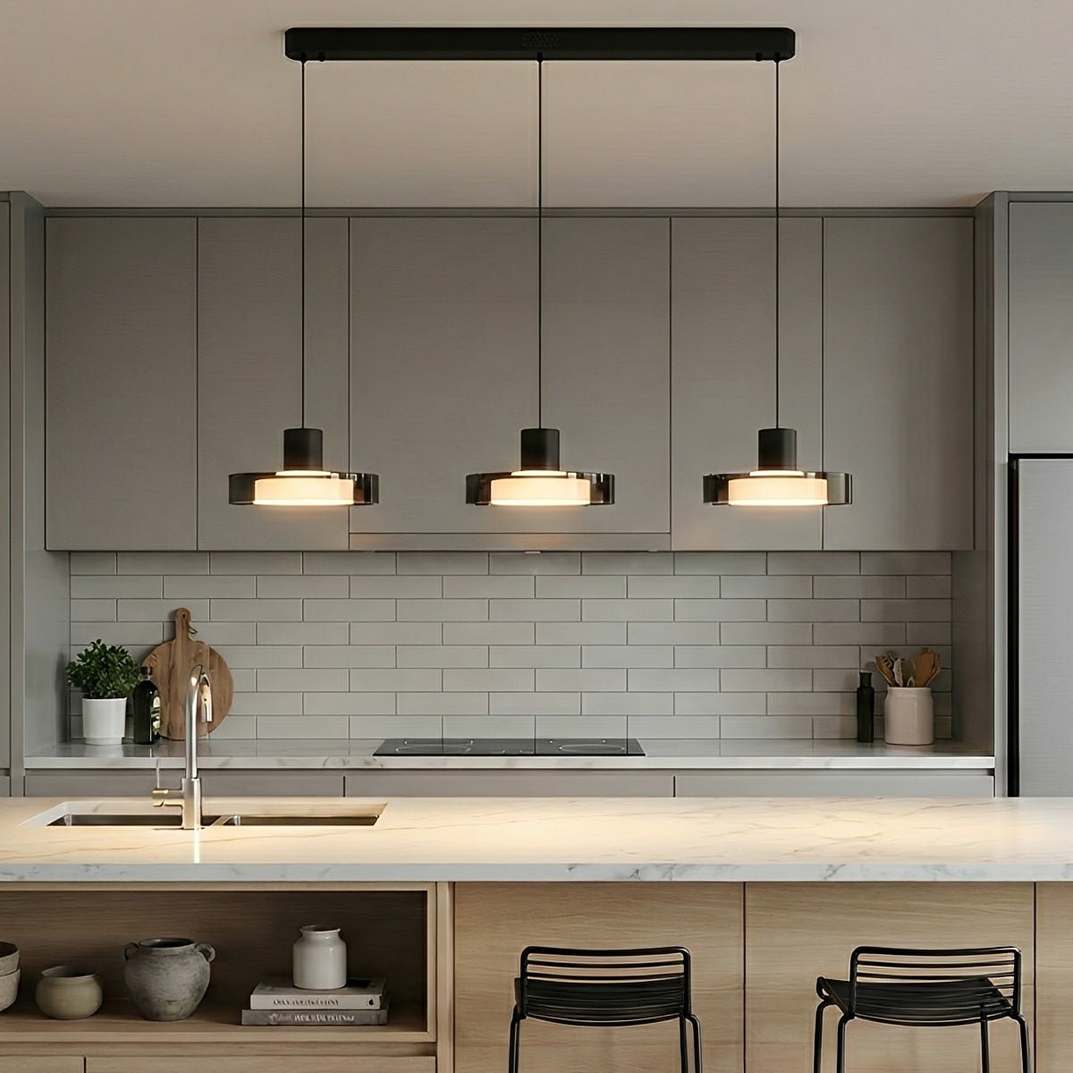 Suspension LED verre aluminium noir ronde Cuisine Salon Chambre Dimmable Suspension Table à manger Hall | Restfield