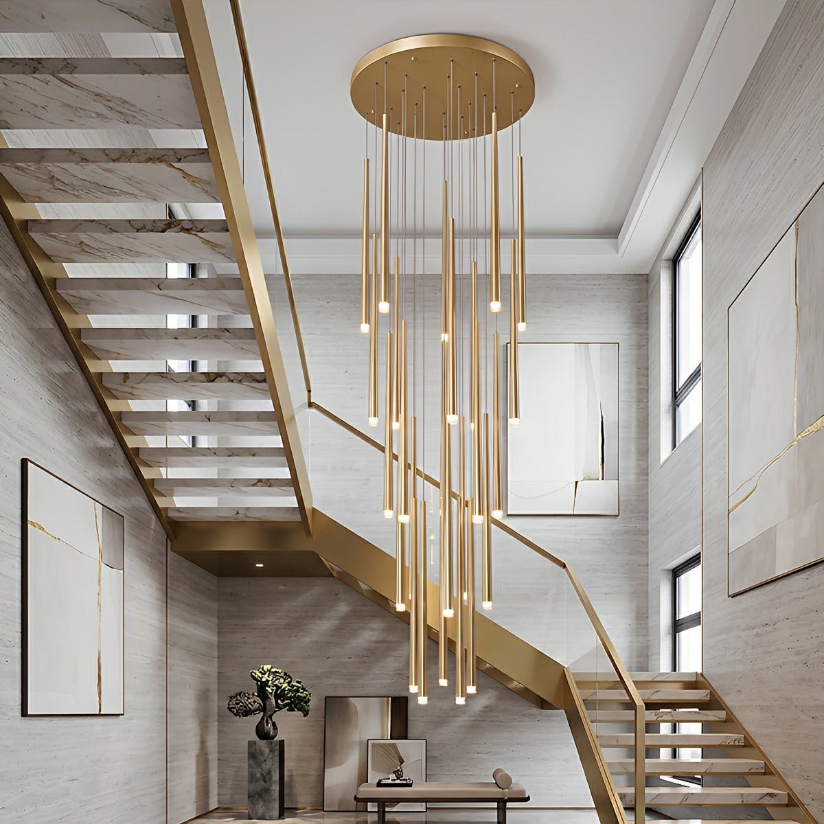 Suspension LED verticale pour escalier, lustre au design moderne en fer et acrylique, noir et or, à intensité variable, salon et salle à manger | Sansoti