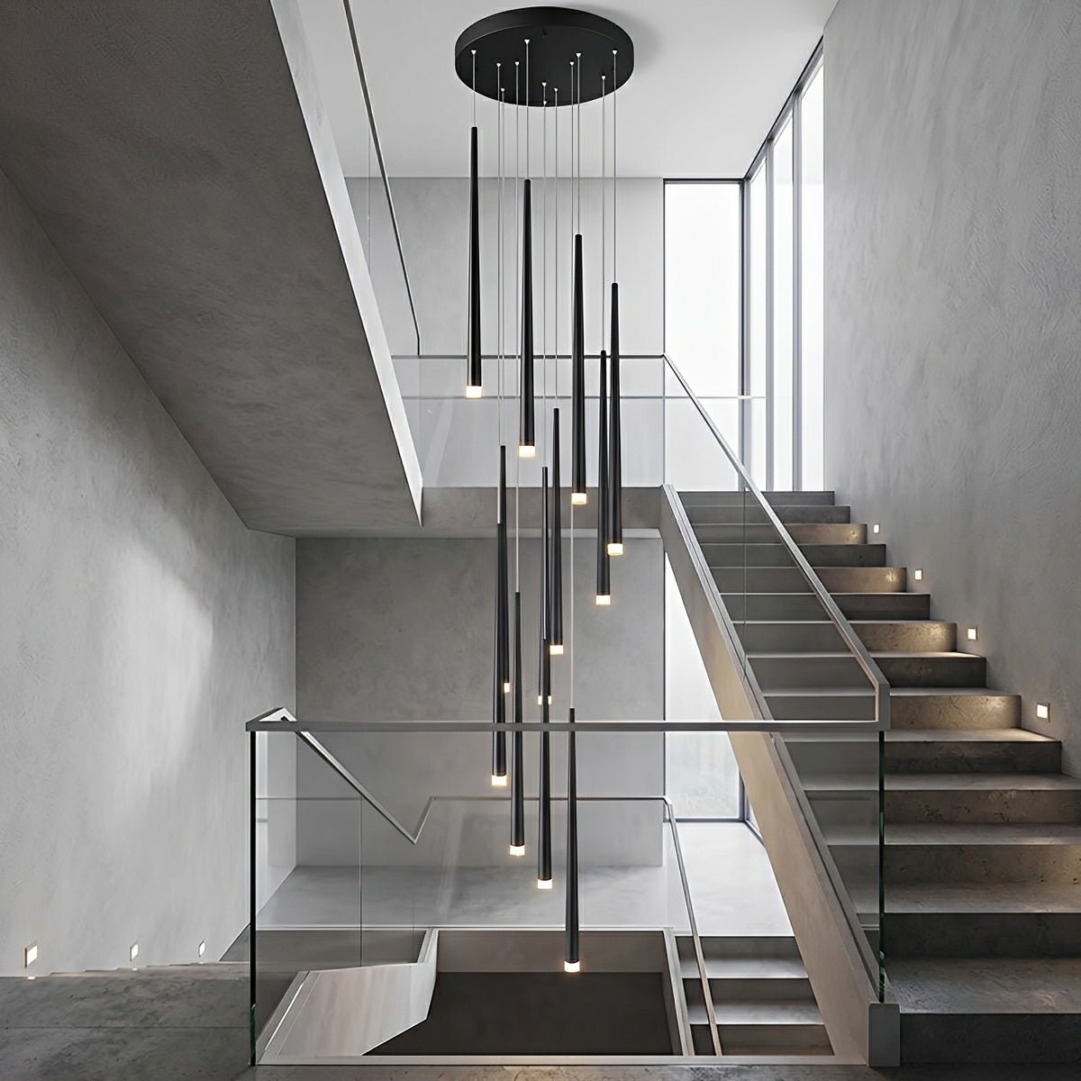 Suspension LED verticale pour escalier, lustre au design moderne en fer et acrylique, noir et or, à intensité variable, salon et salle à manger | Sansoti