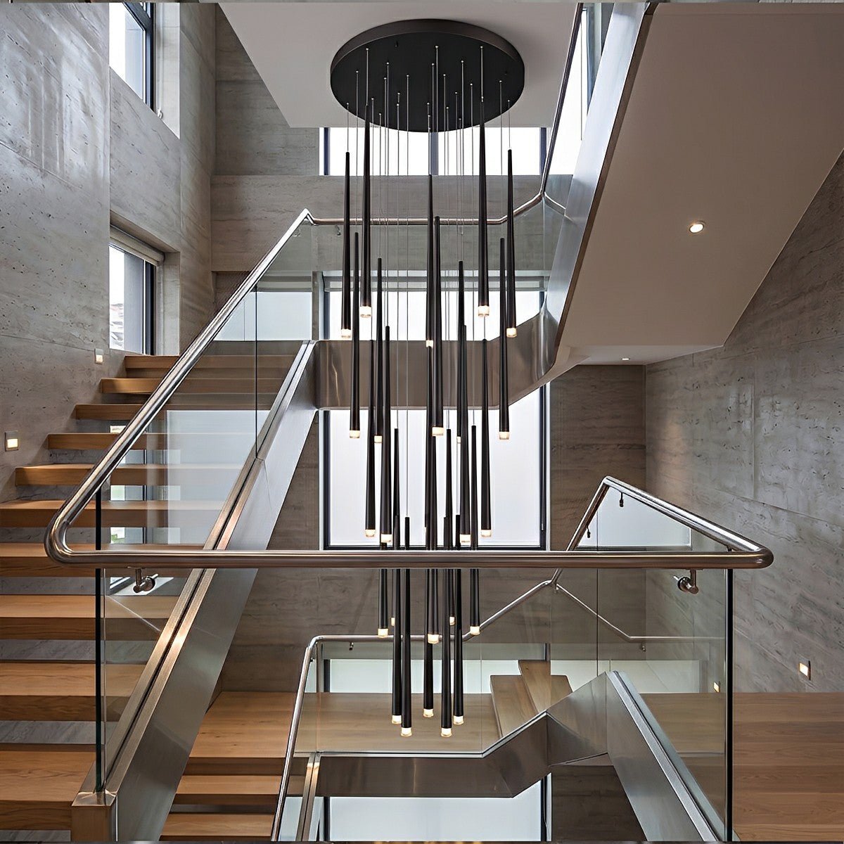 Suspension LED verticale pour escalier, lustre au design moderne en fer et acrylique, noir et or, à intensité variable, salon et salle à manger | Sansoti