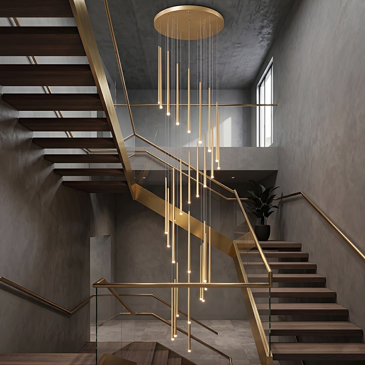 Suspension LED verticale pour escalier, lustre au design moderne en fer et acrylique, noir et or, à intensité variable, salon et salle à manger | Sansoti