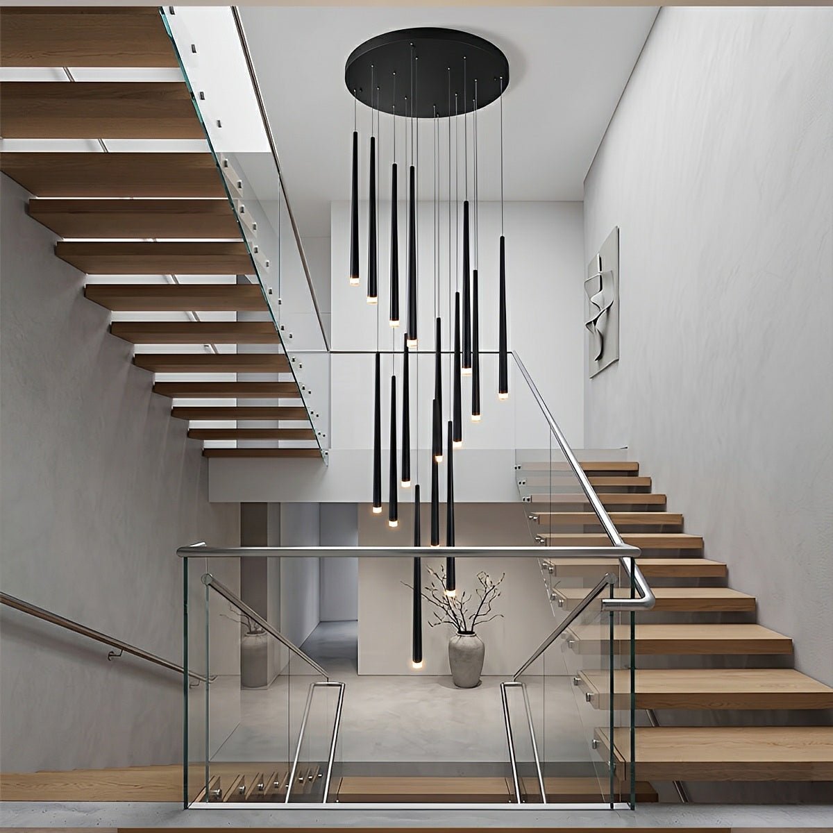 Suspension LED verticale pour escalier, lustre au design moderne en fer et acrylique, noir et or, à intensité variable, salon et salle à manger | Sansoti