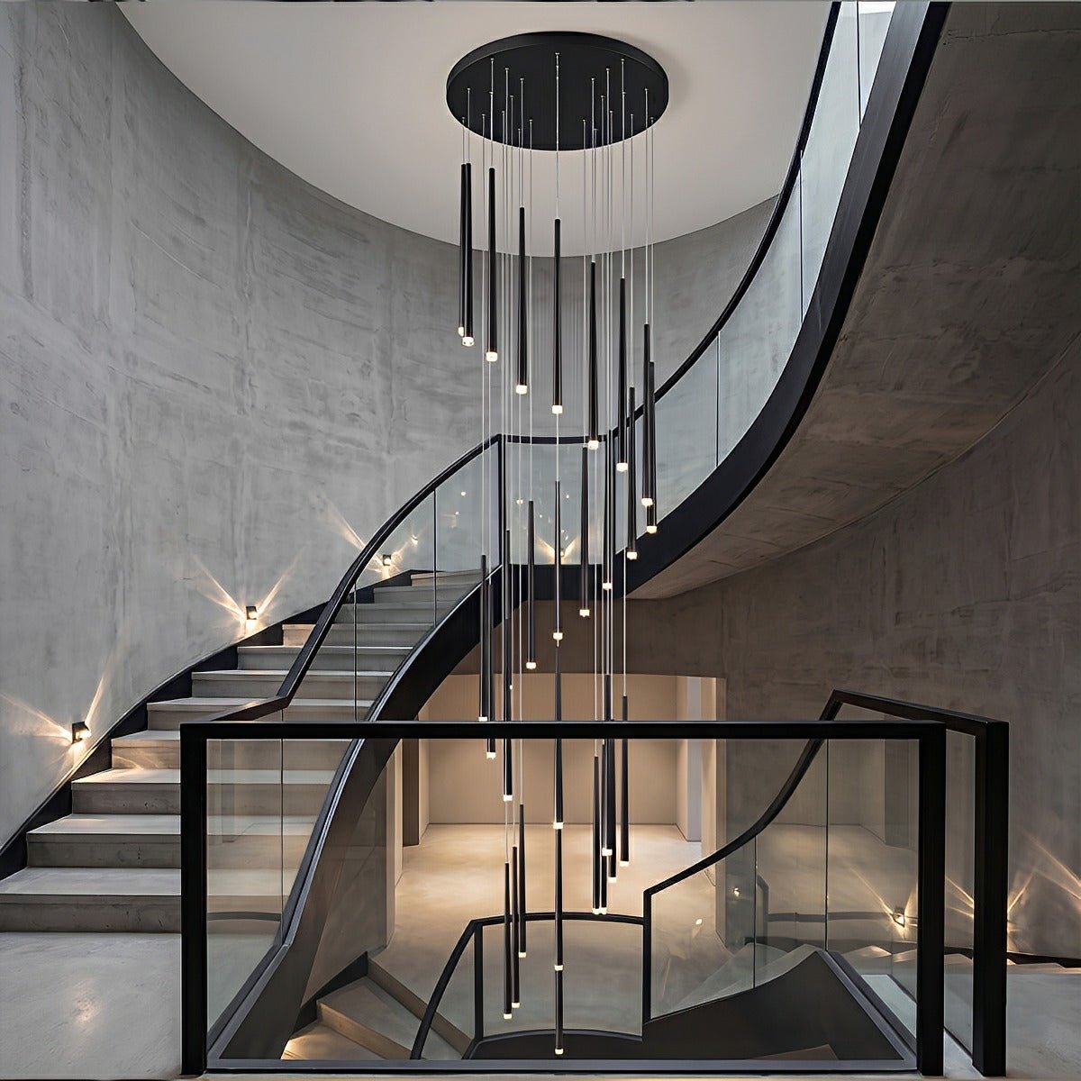 Suspension LED verticale pour escalier, lustre au design moderne en fer et acrylique, noir et or, à intensité variable, salon et salle à manger | Sansoti