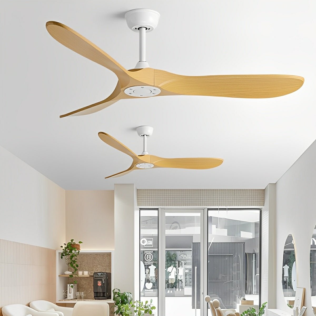 Ceiling fan DC motor 6 speeds reversible quiet minimalist white black wood 42-60 inch energy-efficient | Sansoti