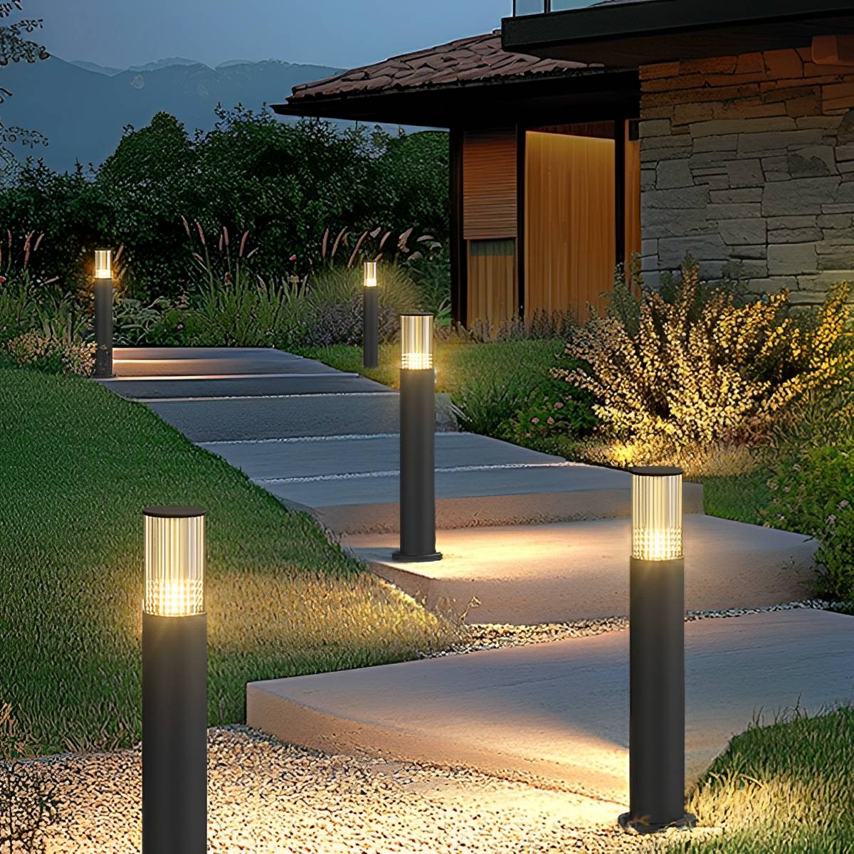 Lampe de jardin LED cylindrique en aluminium noir de 40-80 cm, éclairage extérieur câblé pour allées, accès et villas | Sansoti