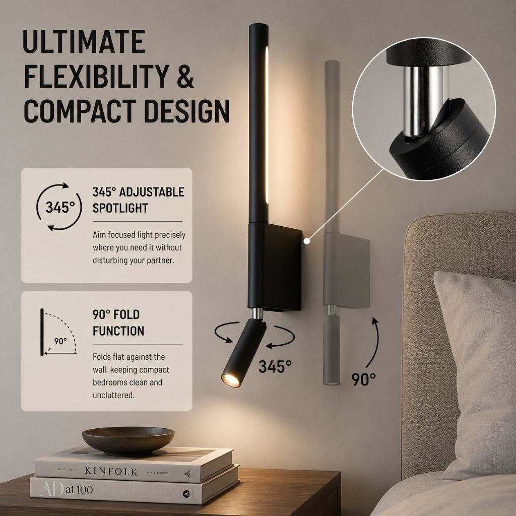 Applique murale pour chambre avec liseuse orientable à 345°, rotation, aluminium noir et blanc, lumière indirecte, éclairage moderne | Sansoti