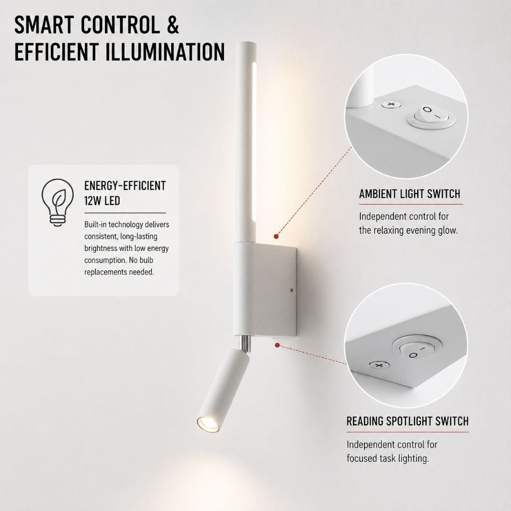 Applique murale pour chambre avec liseuse orientable à 345°, rotation, aluminium noir et blanc, lumière indirecte, éclairage moderne | Sansoti