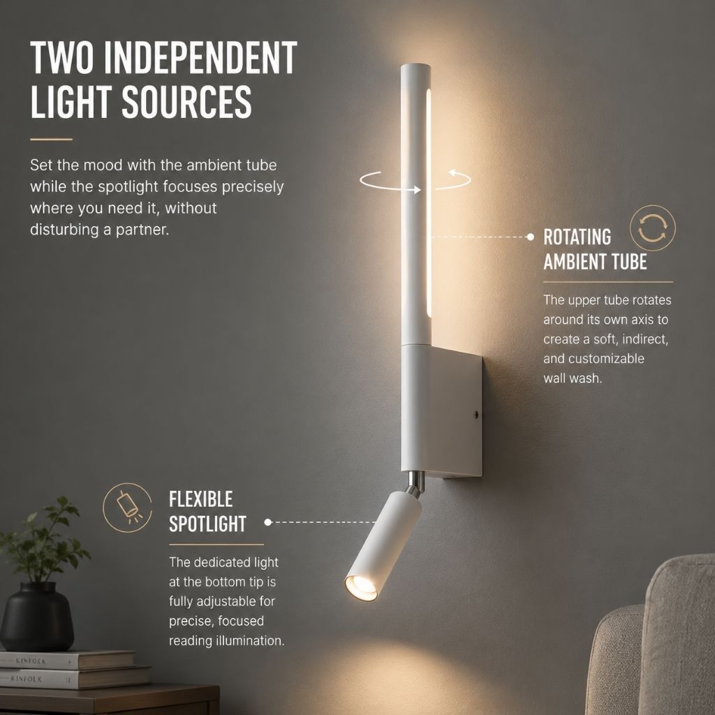 Applique murale pour chambre avec liseuse orientable à 345°, rotation, aluminium noir et blanc, lumière indirecte, éclairage moderne | Sansoti