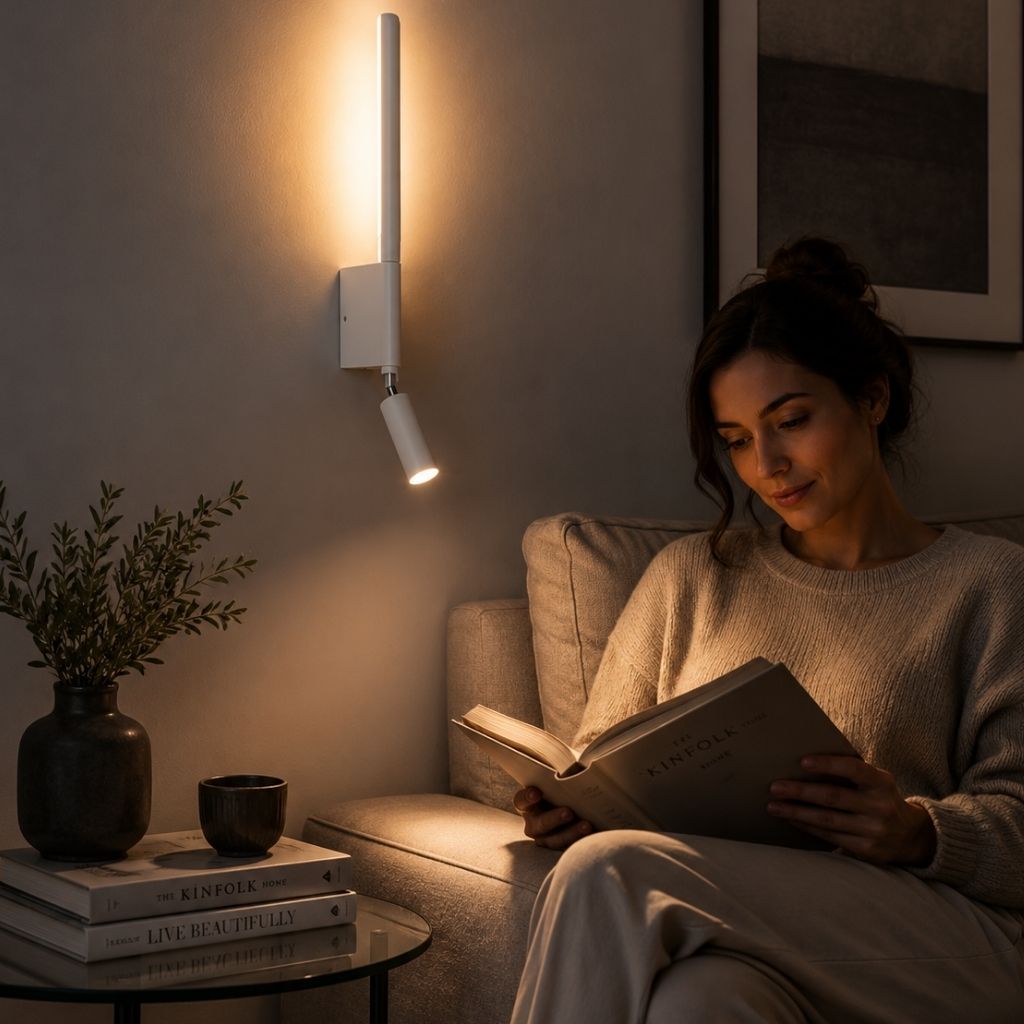 Applique murale pour chambre avec liseuse orientable à 345°, rotation, aluminium noir et blanc, lumière indirecte, éclairage moderne | Sansoti