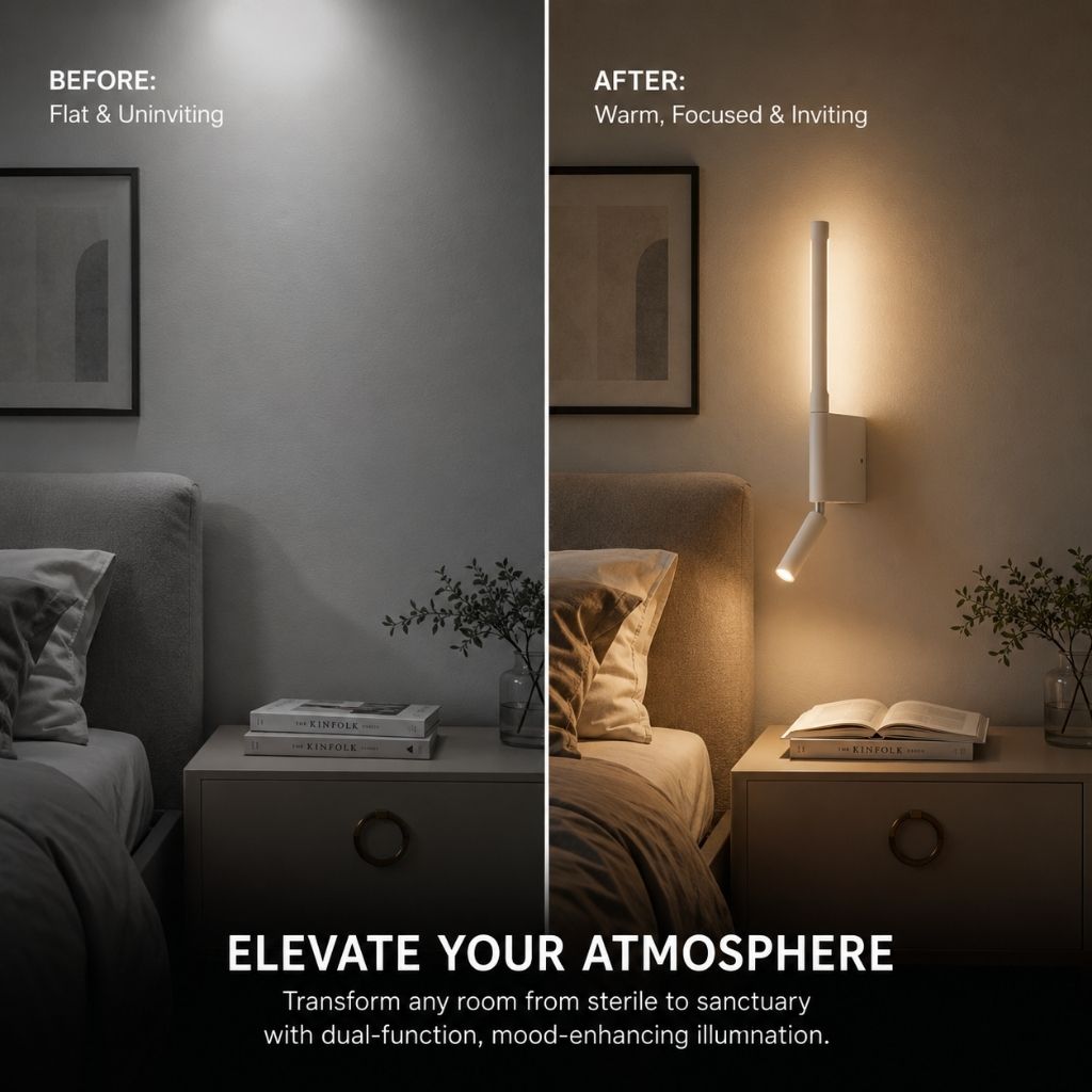 Applique murale pour chambre avec liseuse orientable à 345°, rotation, aluminium noir et blanc, lumière indirecte, éclairage moderne | Sansoti