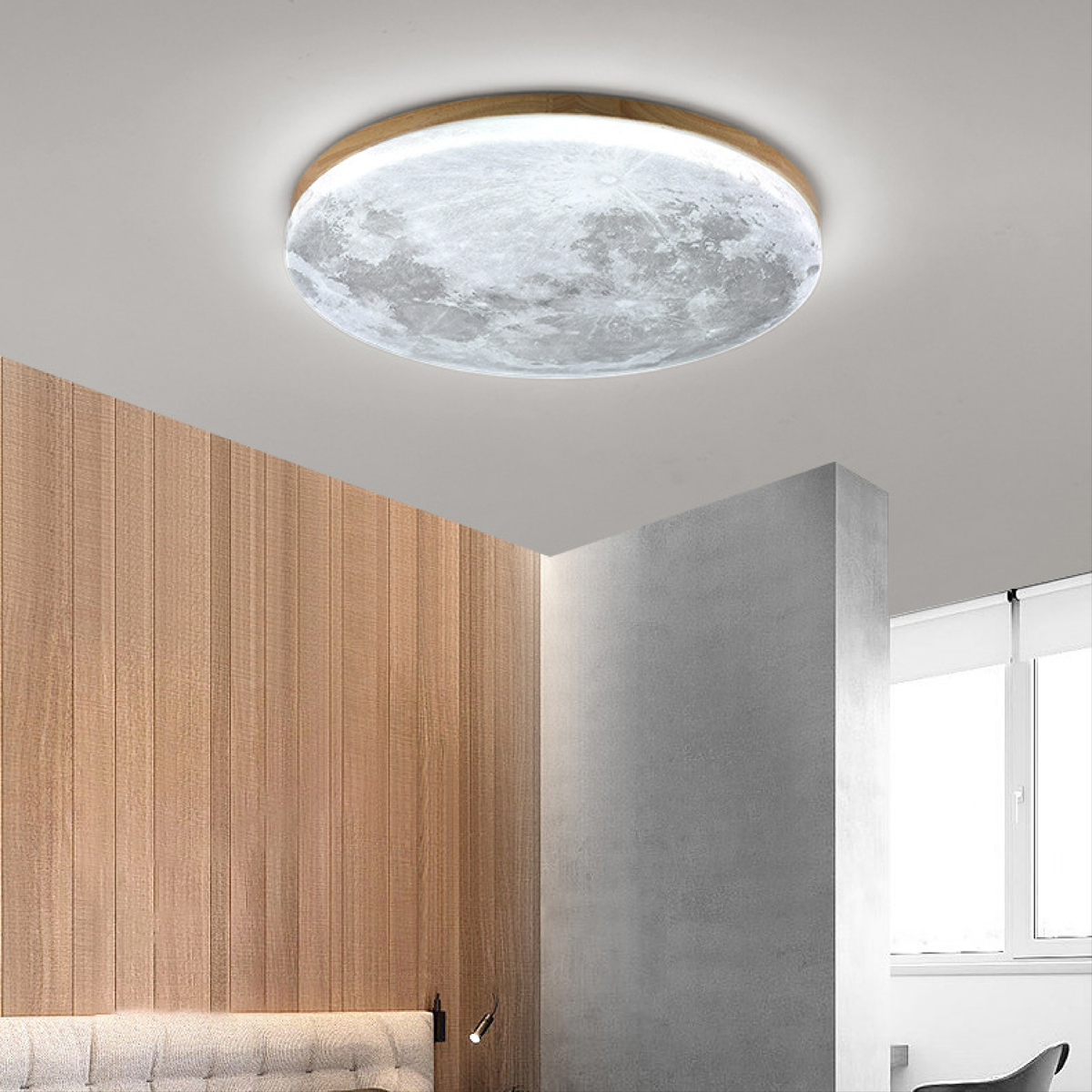 Runde LED-Deckenleuchte in Holzoptik, dimmbar, für Schlafzimmer und Wohnzimmer, skandinavisches, schwebendes Design, warmes Licht, modern | Sansoti