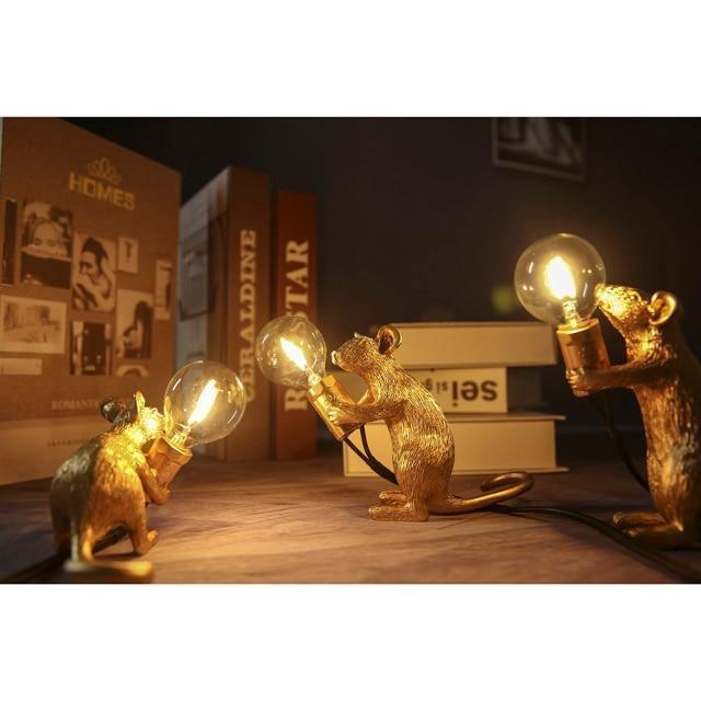 Tischlampe Maus mit LED-Beleuchtung, dekorative Skulptur aus Harz, Wohnzimmer, Schlafzimmer, Nachttisch, Gold-Weiß | Sansoti