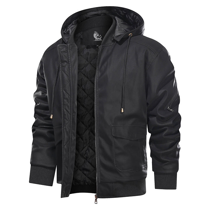 Leren Herenjas met Afneembare Capuchon Zwart Waterbestendig Kunstleer Biker Jacket voor Herfst Winter | Sansoti
