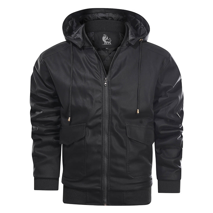 Leren Herenjas met Afneembare Capuchon Zwart Waterbestendig Kunstleer Biker Jacket voor Herfst Winter | Sansoti