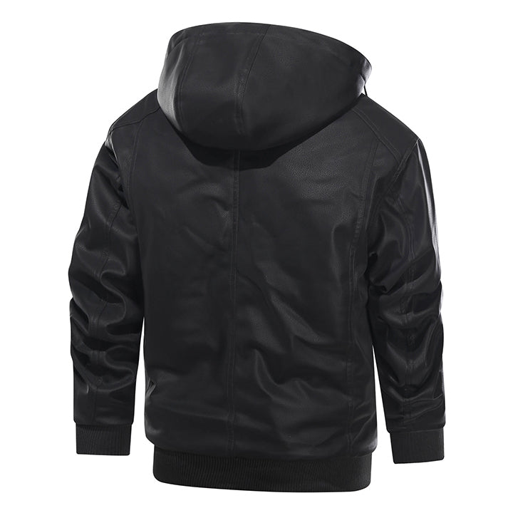 Leren Herenjas met Afneembare Capuchon Zwart Waterbestendig Kunstleer Biker Jacket voor Herfst Winter | Sansoti