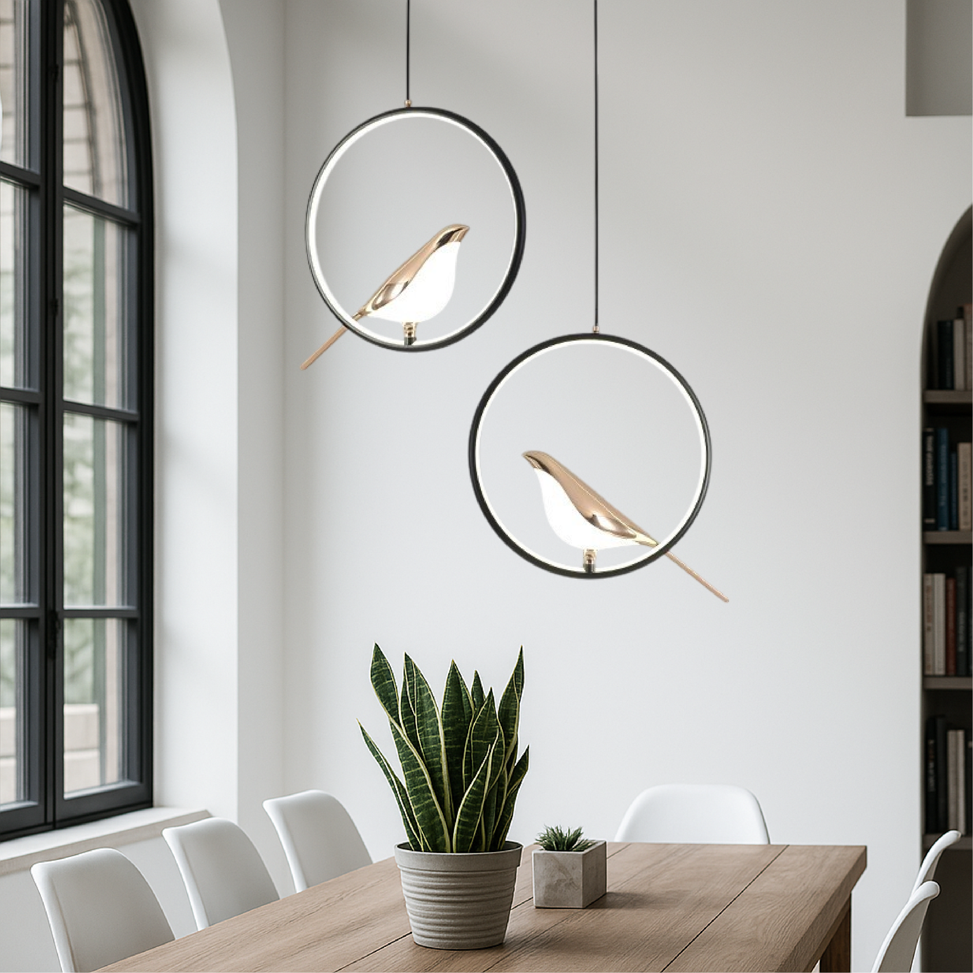 Lampa wisząca z ptakami na gałęzi, metalowa, LED, ciepłe białe światło 3000 K, czarno-złota, do jadalni i salonu, nastrojowe oświetlenie, designerska | Sansoti