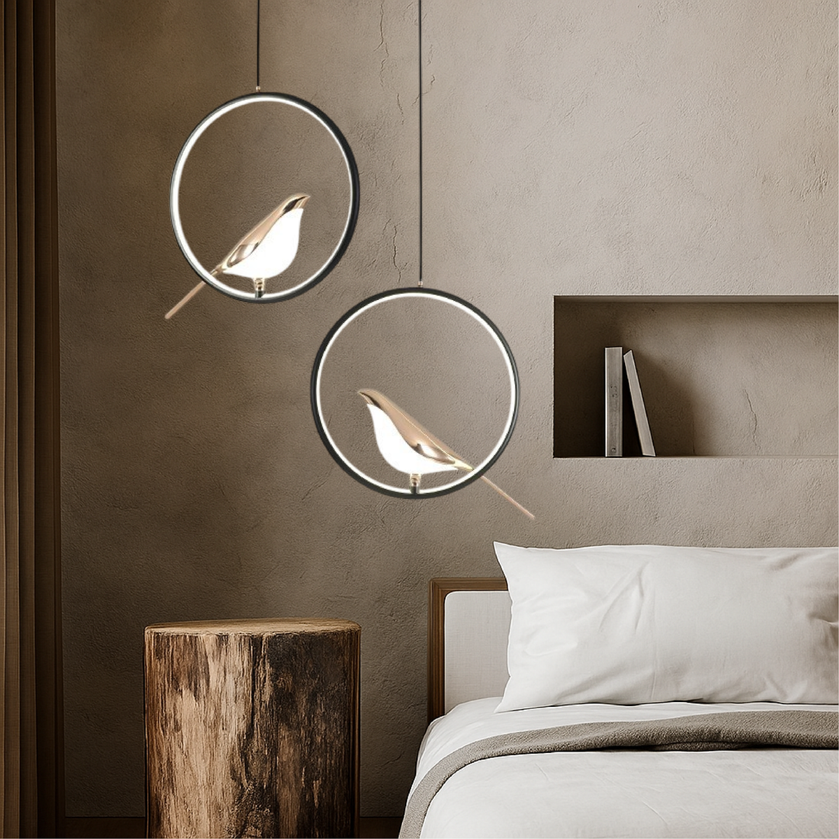 Lampa wisząca z ptakami na gałęzi, metalowa, LED, ciepłe białe światło 3000 K, czarno-złota, do jadalni i salonu, nastrojowe oświetlenie, designerska | Sansoti