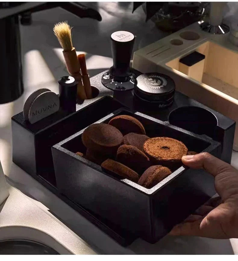 Espresso-Tampingstation mit Klopfbox für Kaffeemehl, 51–58 mm, verstellbare Barista-Arbeitsstation für die Kaffee-Ecke | Sansoti