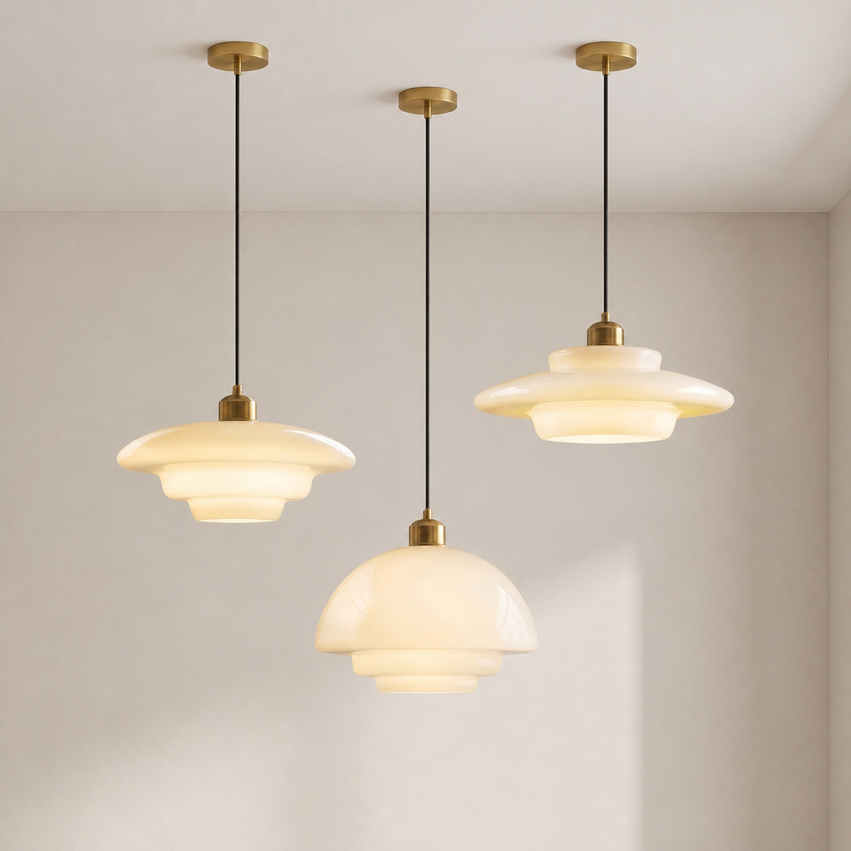 Wisząca lampa z mlecznobiałym szklanym kloszem, oprawka E27 i żelazna podsufitka, do kuchni, jadalni, przedpokoju i salonu | Sansoti