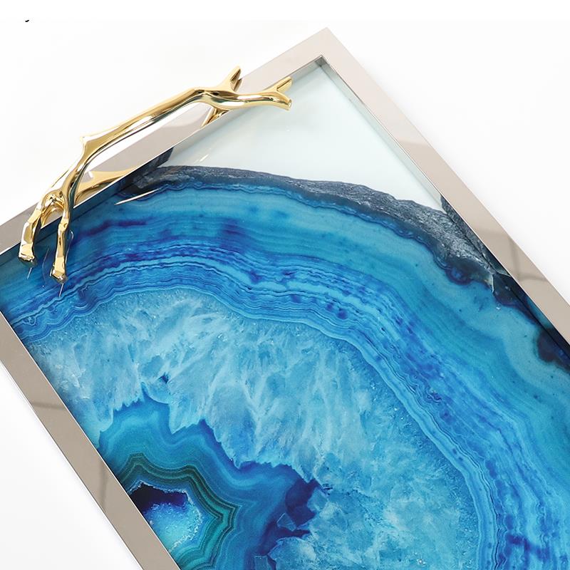 Decoratief Dienblad met Blauwe Agaatpatroon – Elegant Serveerblad met Glazen Inleg en Edelstalen Rand – Uniek Natuursteen Design voor Tafel en Interieur | Sansoti