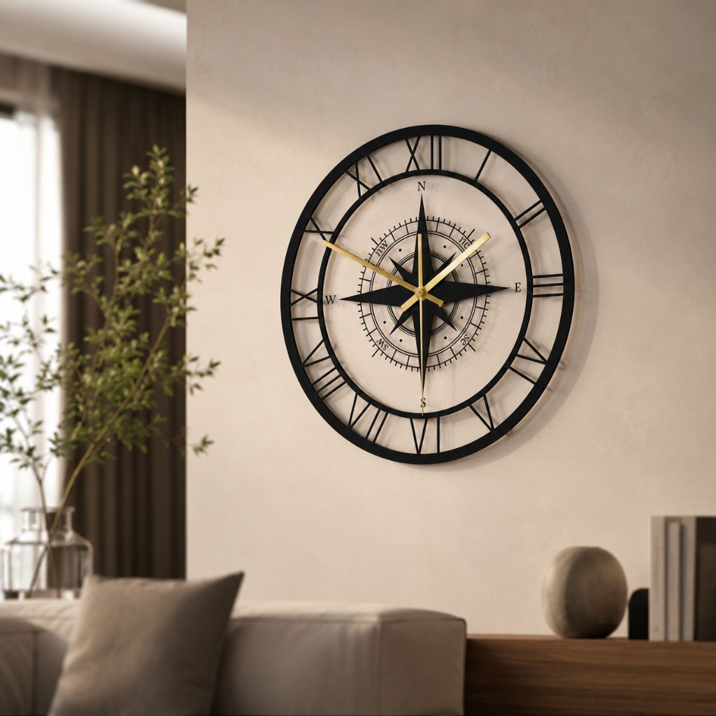 Wandklok Kompas Transparant 30cm Stil Uurwerk Maritiem Design Windstreek Decoratie Woonkamer Keuken Nautisch | Sansoti