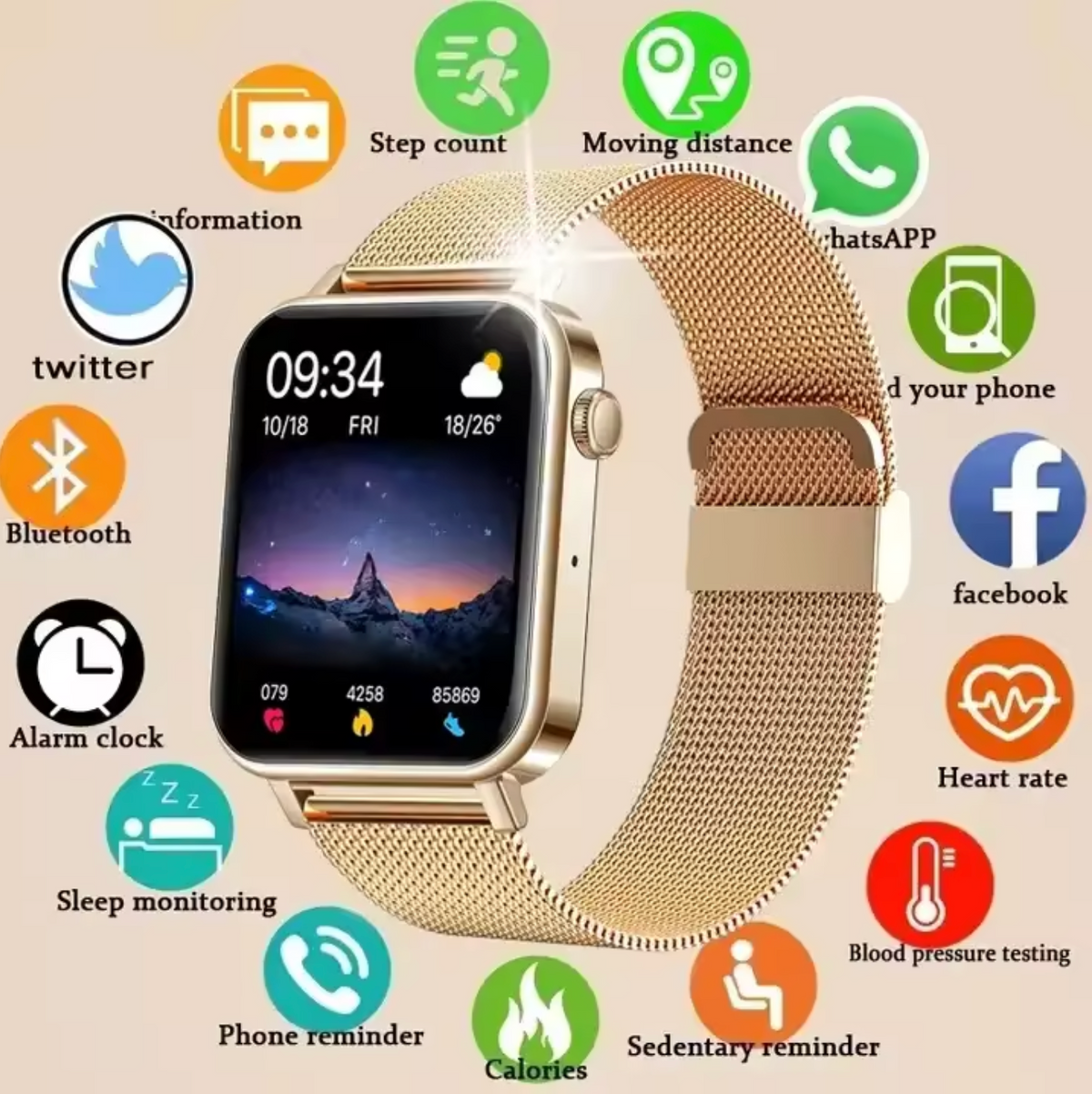 Montre connectée pour femme avec bracelet métallique, mesure de la fréquence cardiaque, podomètre, analyse du sommeil, mesure de la tension artérielle et suivi de l’activité physique | Sansoti