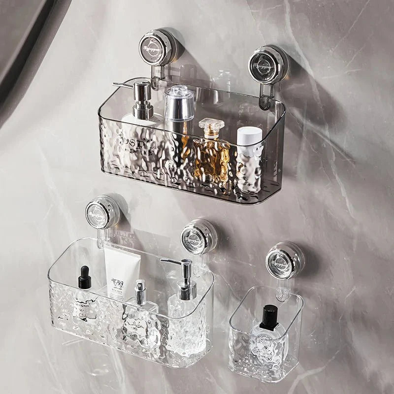 Étagère murale de salle de bains à ventouses, sans perçage, organiseur transparent gris, support de rangement à fixation murale renforcée, tablette de douche | Sansoti